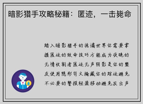 暗影猎手攻略秘籍：匿迹，一击毙命